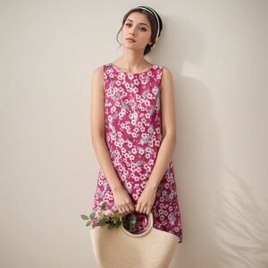 100% European Linen Print Temperament Sleeveless Dress Pink Size MP